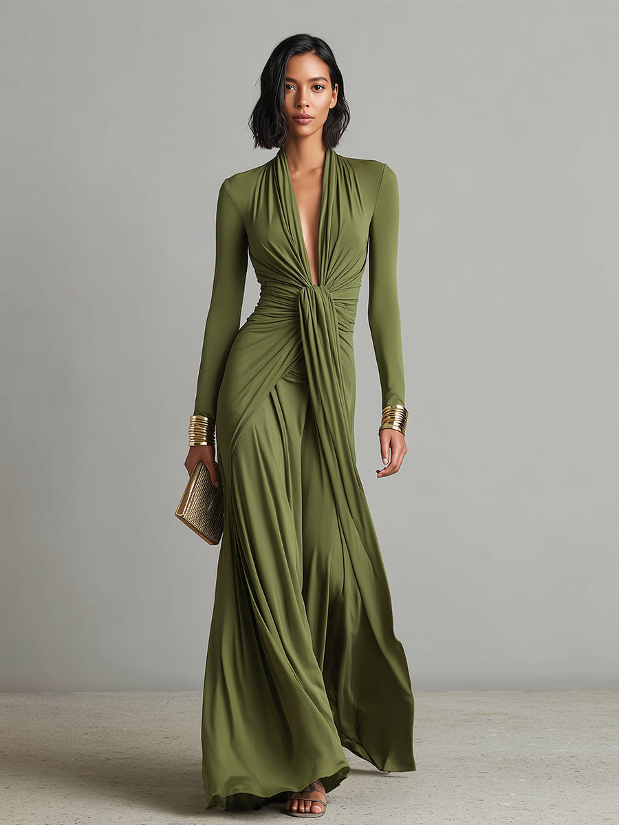 Robe Maxi en Soie Olive à Décolleté V