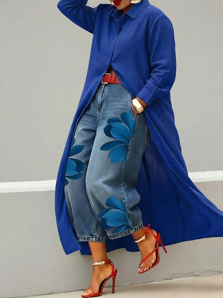 Maud - Robe chemise en lin et jean à motifs floraux