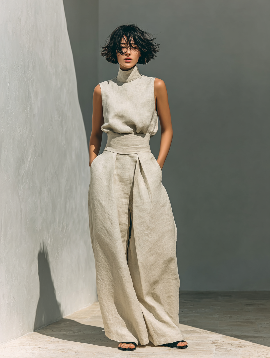 Maria - Ensemble débardeur et pantalons larges en coton et lin minimaliste pour femme