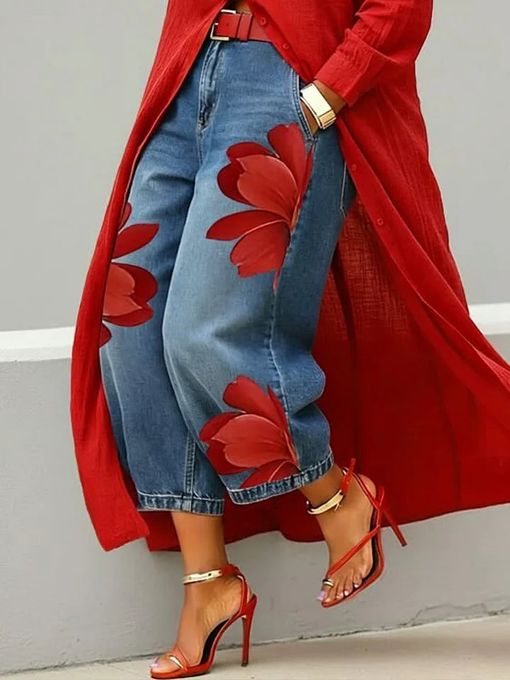 Maud - Robe chemise en lin et jean à motifs floraux
