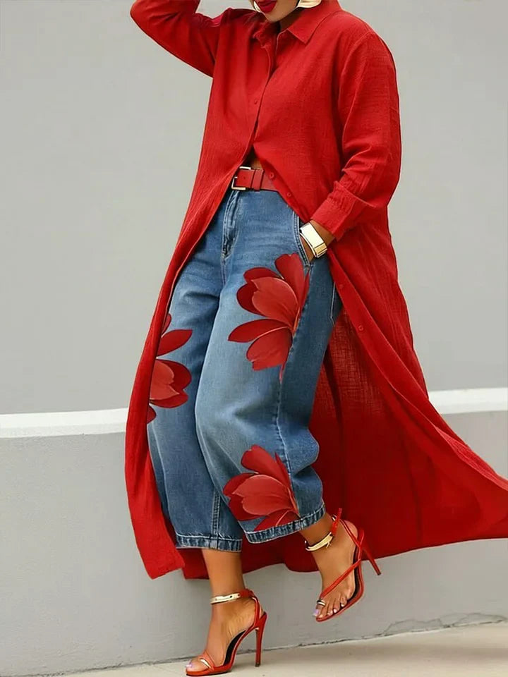 Maud - Robe chemise en lin et jean à motifs floraux