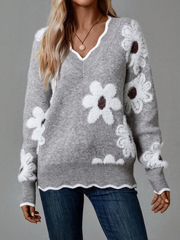 Thea | Pull Floral Élégant à Col V