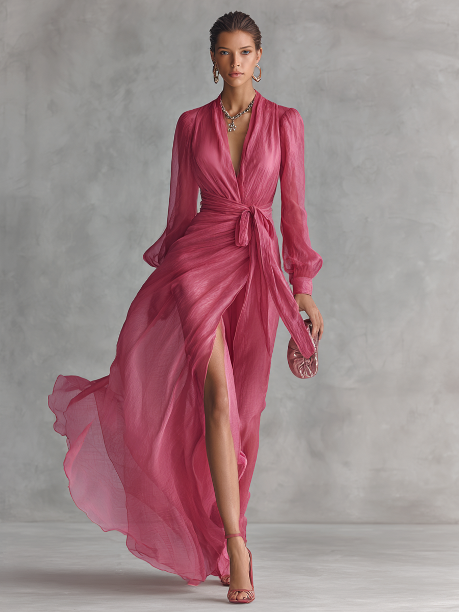 Robe Chiffon Rose V-Cou