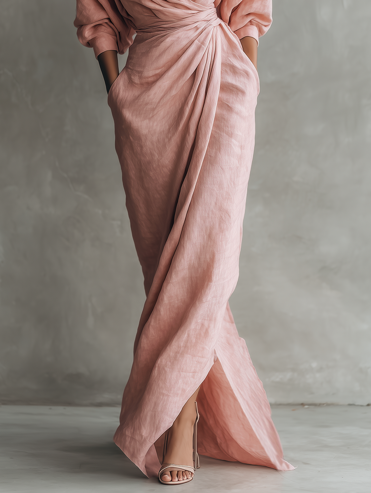 Robe Maxi en Lin Rose Décolleté en V