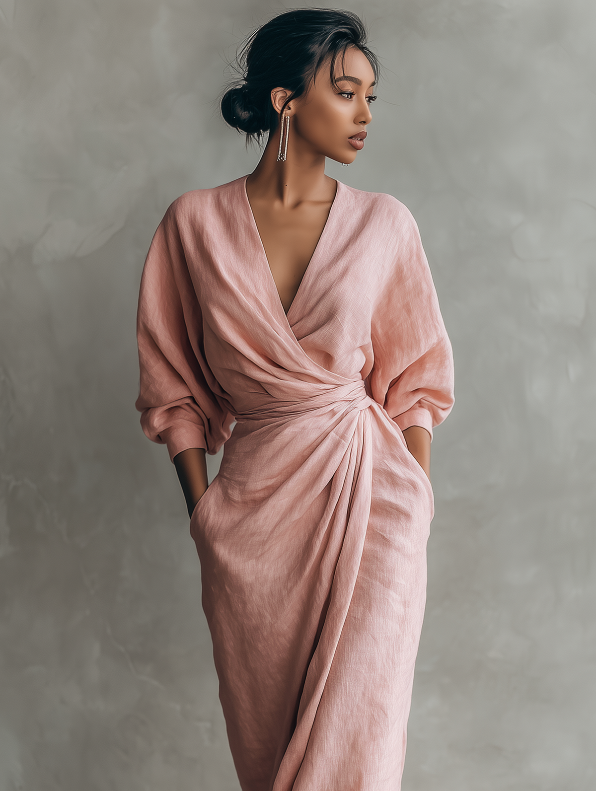Robe Maxi en Lin Rose Décolleté en V