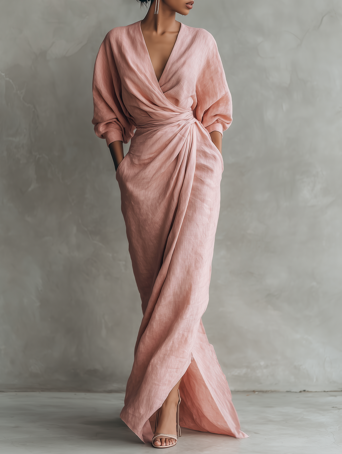 Robe Maxi en Lin Rose Décolleté en V