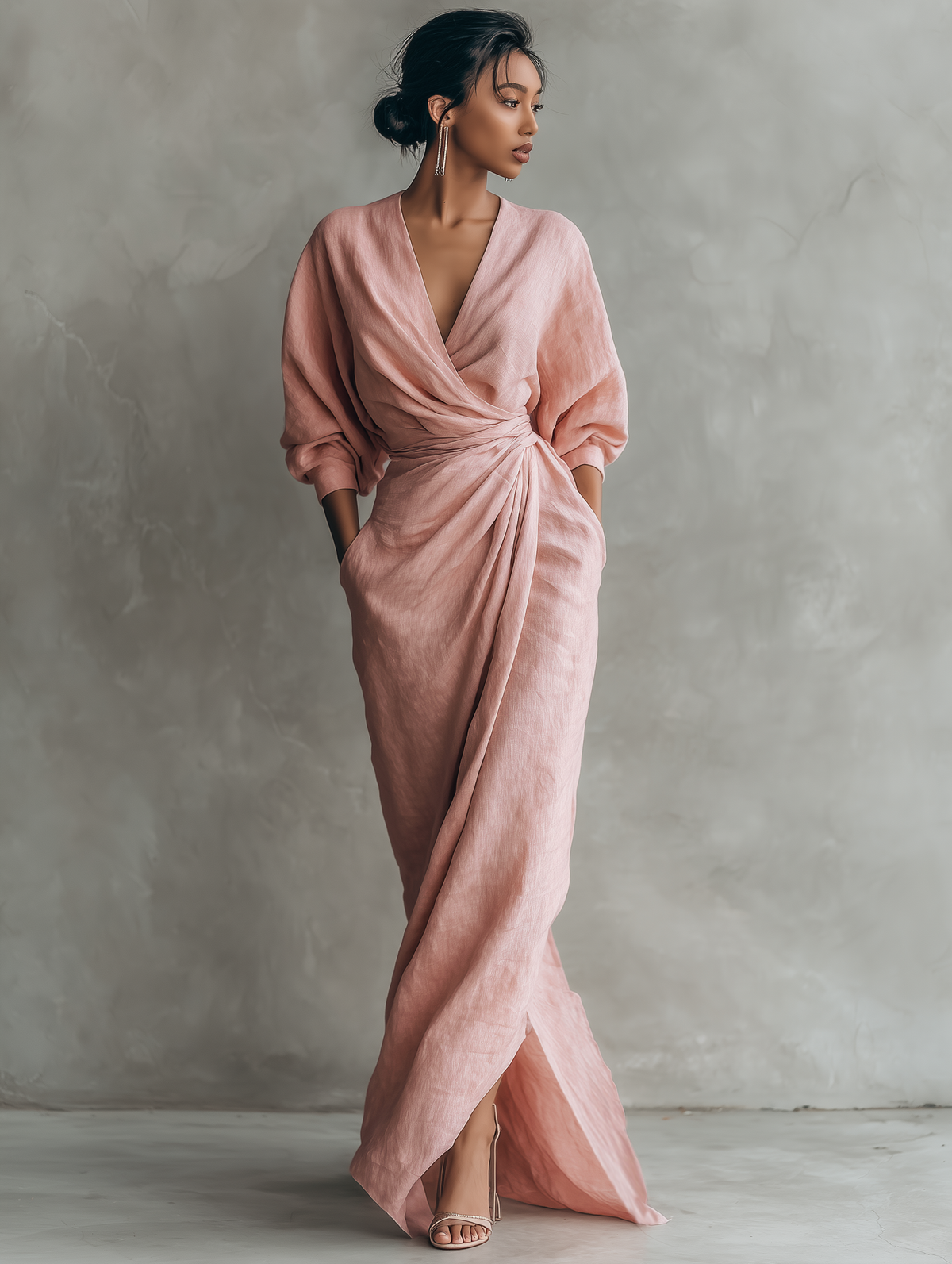 Robe Maxi en Lin Rose Décolleté en V