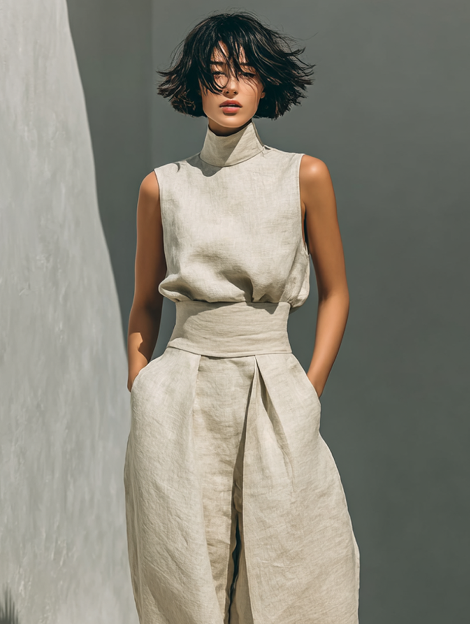 Maria - Ensemble débardeur et pantalons larges en coton et lin minimaliste pour femme