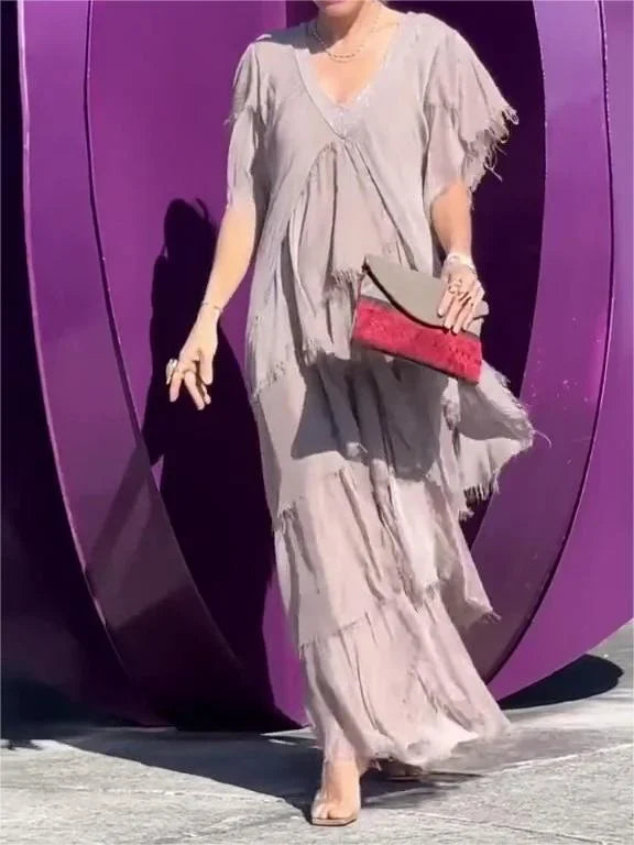 Blaise | Robe Maxi à Manches Courtes Volantes et Décolleté en V