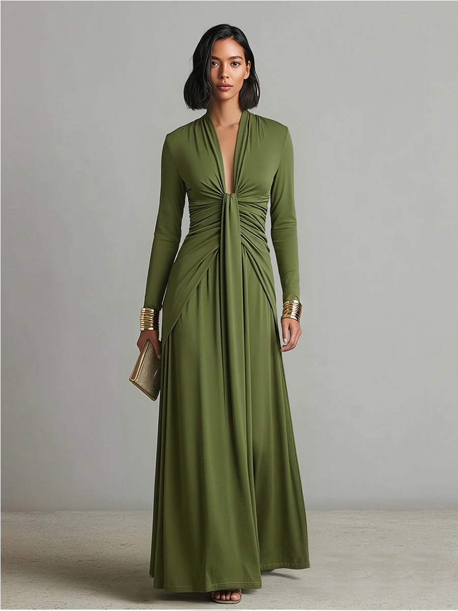 Robe Maxi en Soie Olive à Décolleté V