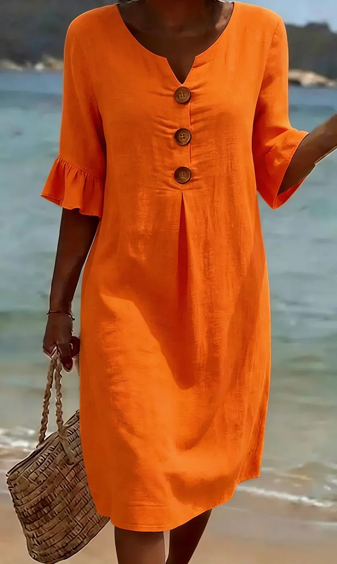 Vanesa | Robe en lin texturé avec manches bouffantes et boutons