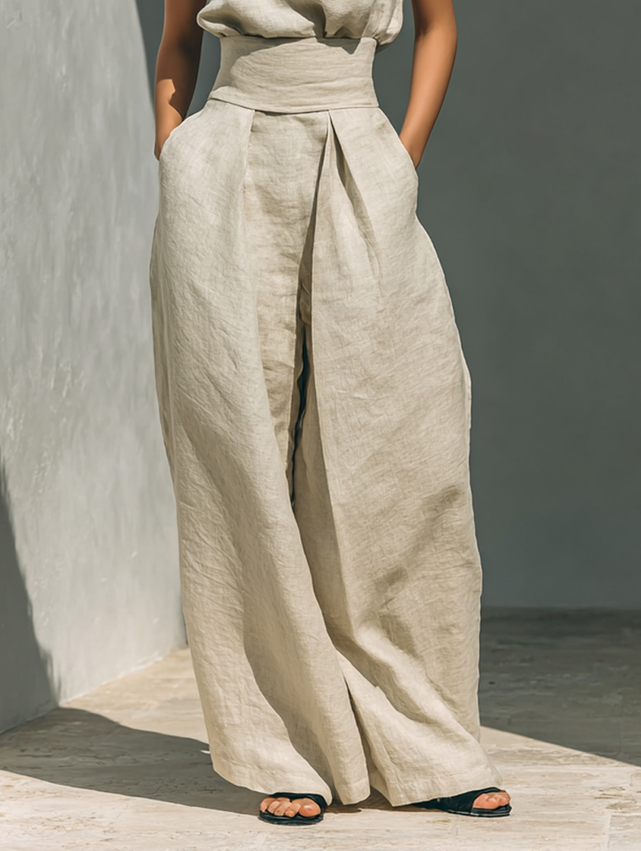 Maria - Ensemble débardeur et pantalons larges en coton et lin minimaliste pour femme