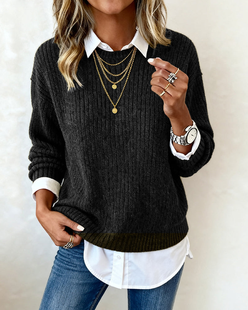 Cyrielle | Pull avec col de chemise et design patchwork