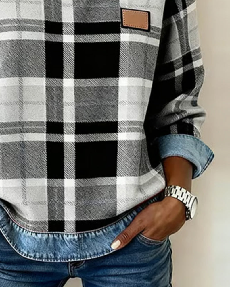 Arielle | Sweatshirt Femme en Denim à Patchwork Col Ronde