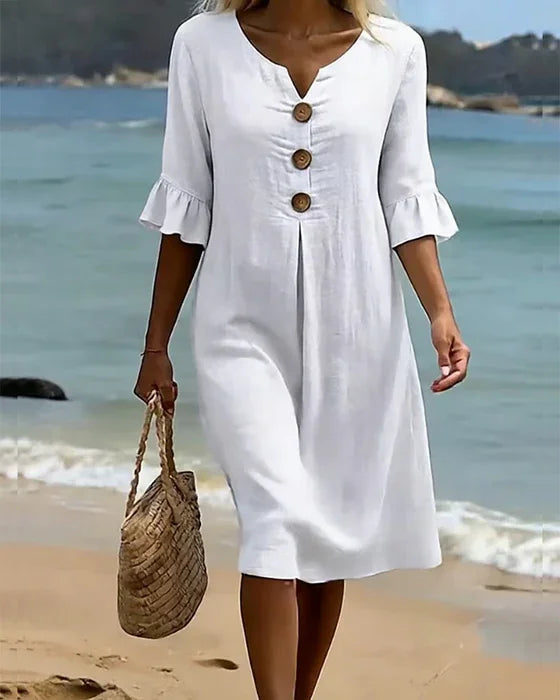 Vanesa | Robe en lin texturé avec manches bouffantes et boutons