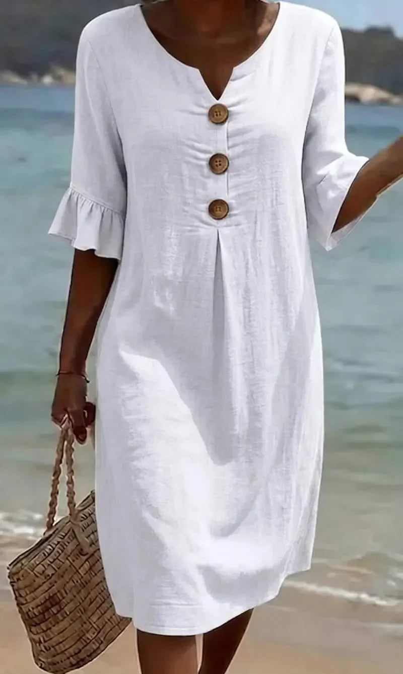 Vanesa | Robe en lin texturé avec manches bouffantes et boutons
