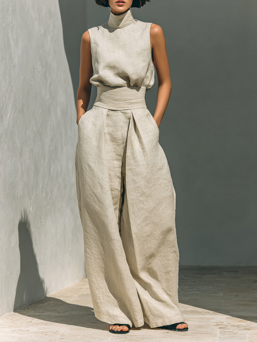 Maria - Ensemble débardeur et pantalons larges en coton et lin minimaliste pour femme