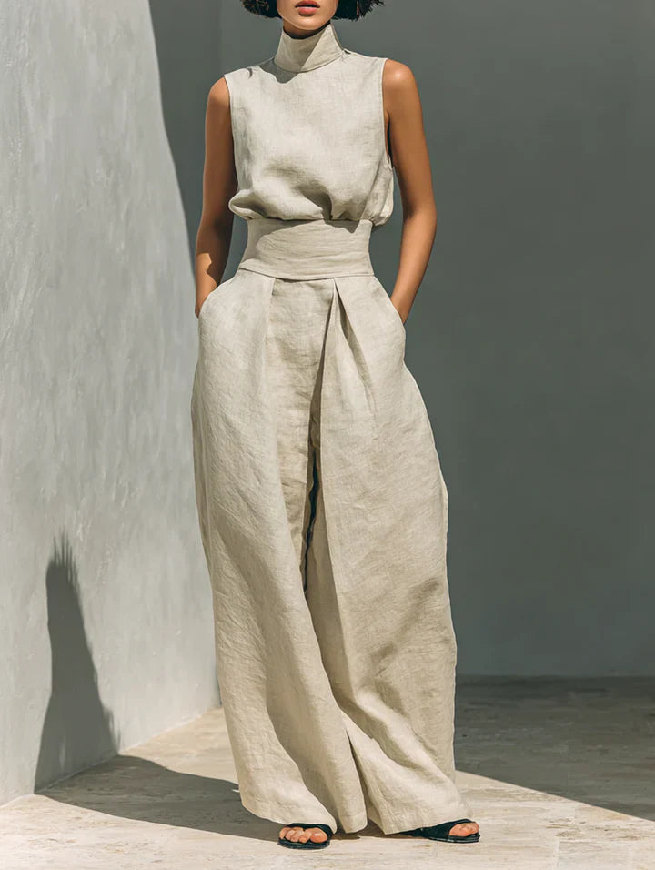 Flor™ | Ensemble minimaliste de blouse sans manches et pantalon à jambes larges en coton et lin pour femme