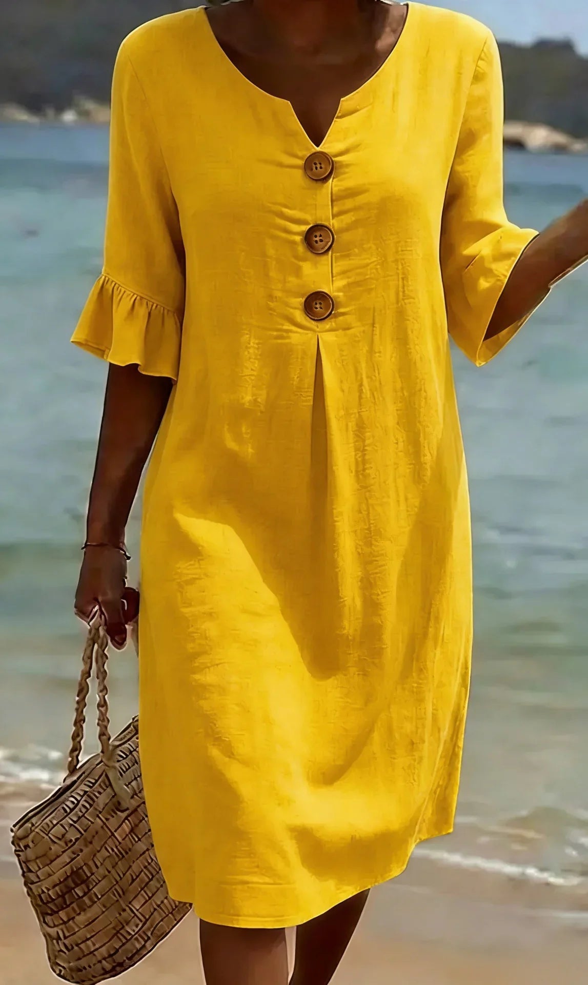 Vanesa | Robe en lin texturé avec manches bouffantes et boutons