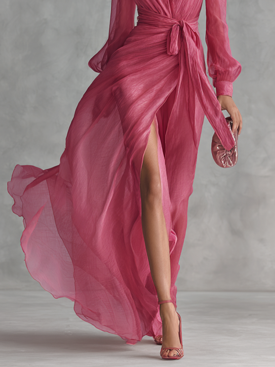 Robe Chiffon Rose V-Cou