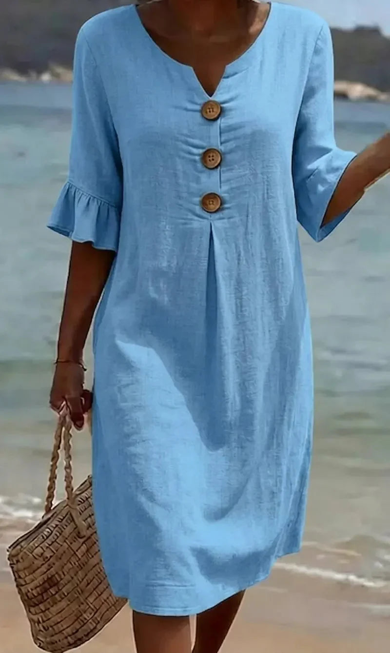 Vanesa | Robe en lin texturé avec manches bouffantes et boutons
