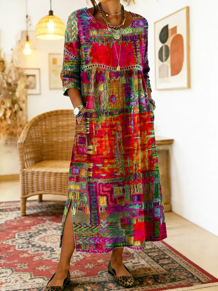 Manuela | Robe en Denim avec Patchwork Ethnique
