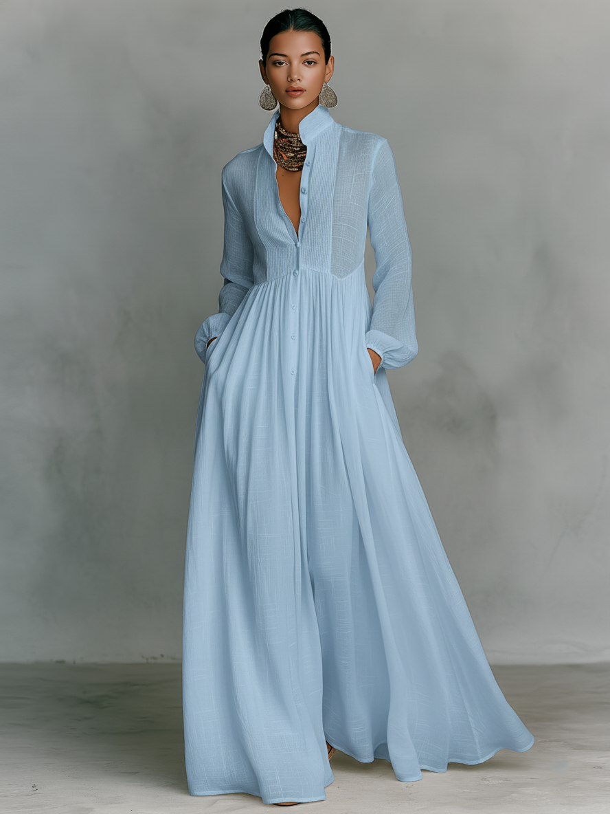 Robe Maxi en Lin Patchwork Col Montant