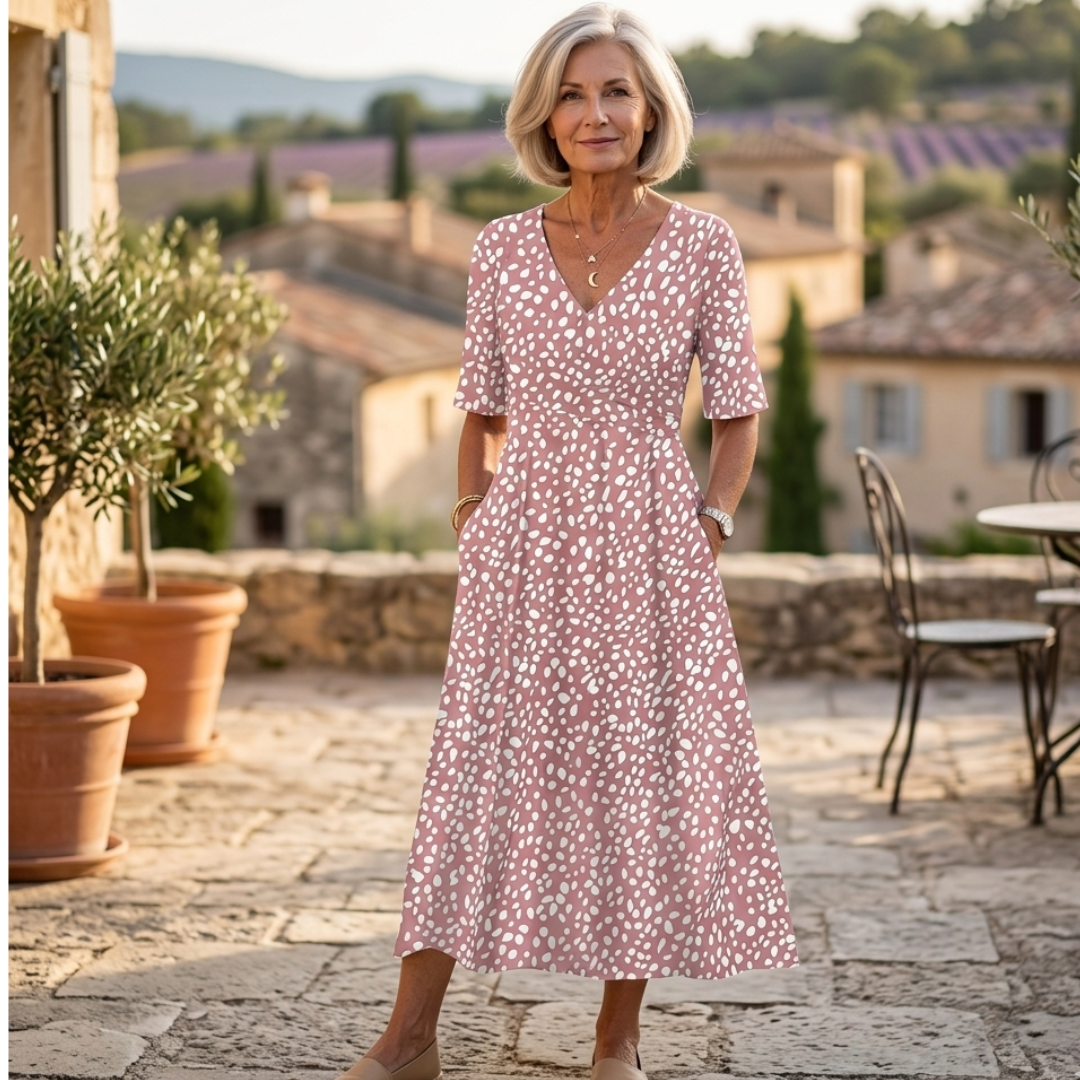 Camille | Robe midi élégante à pois qui aplatit le ventre