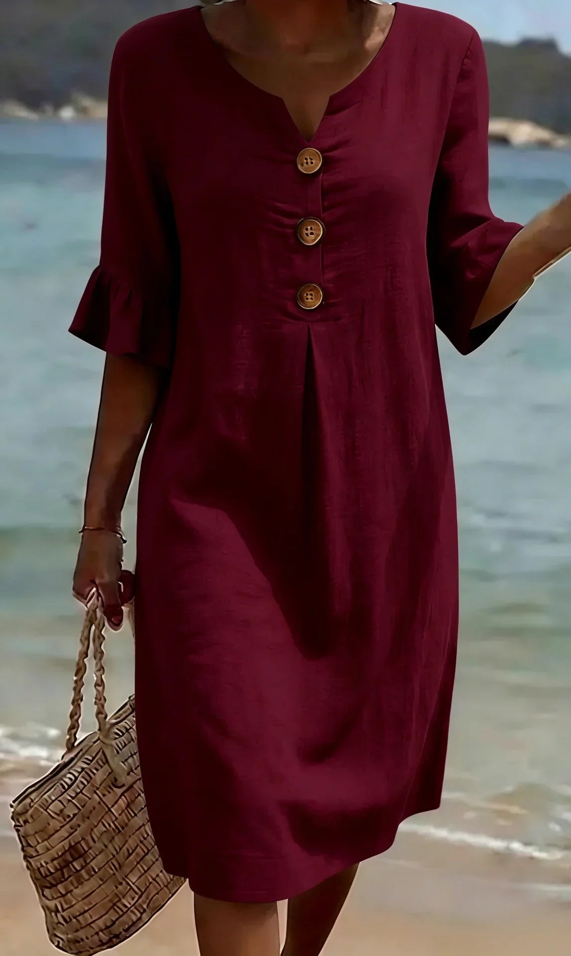 Vanesa | Robe en lin texturé avec manches bouffantes et boutons