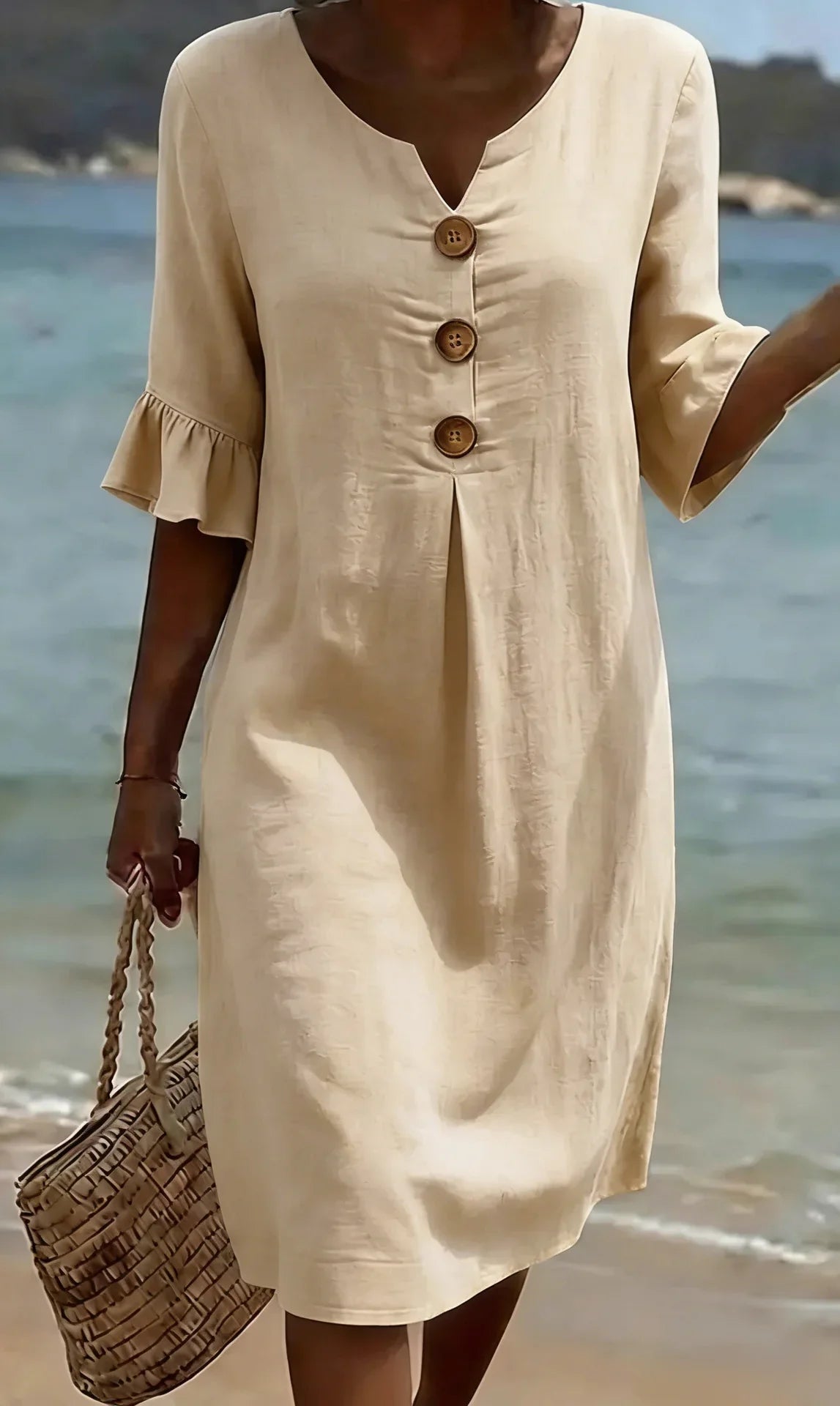 Vanesa | Robe en lin texturé avec manches bouffantes et boutons