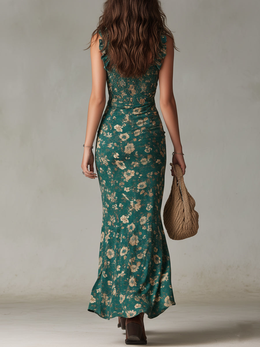 Maya™ | Robe Maxi à Manches Volantes Rétro Boho avec Fente Haute