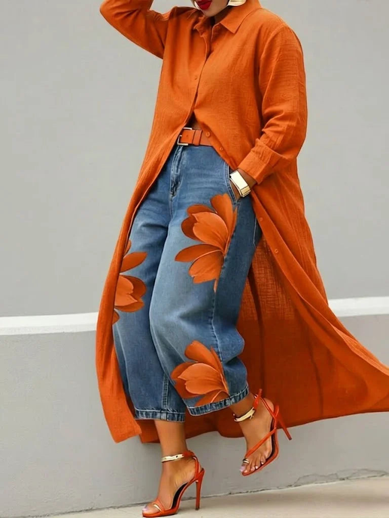 Maud - Robe chemise en lin et jean à motifs floraux