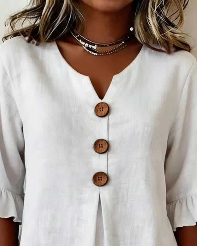Sophia Chemisier uni en coton-lin avec boutons en bois et volants