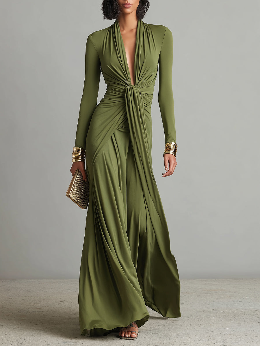 Robe Maxi en Soie Olive à Décolleté V