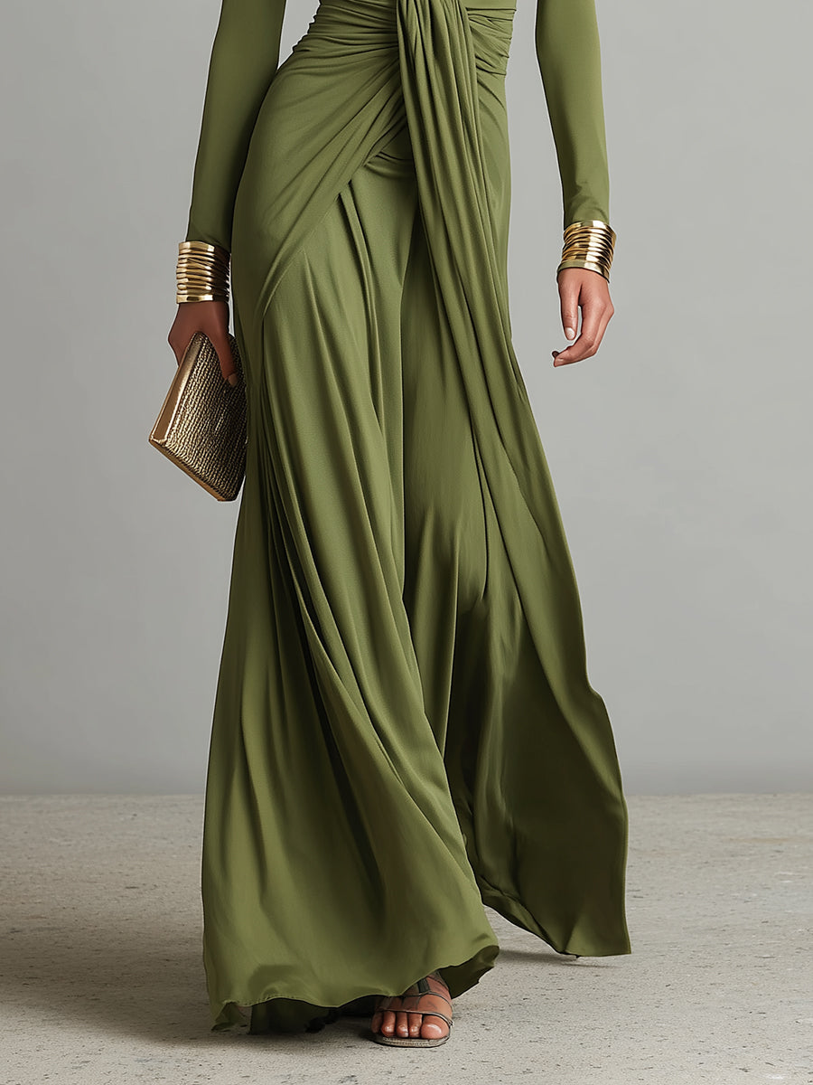 Robe Maxi en Soie Olive à Décolleté V