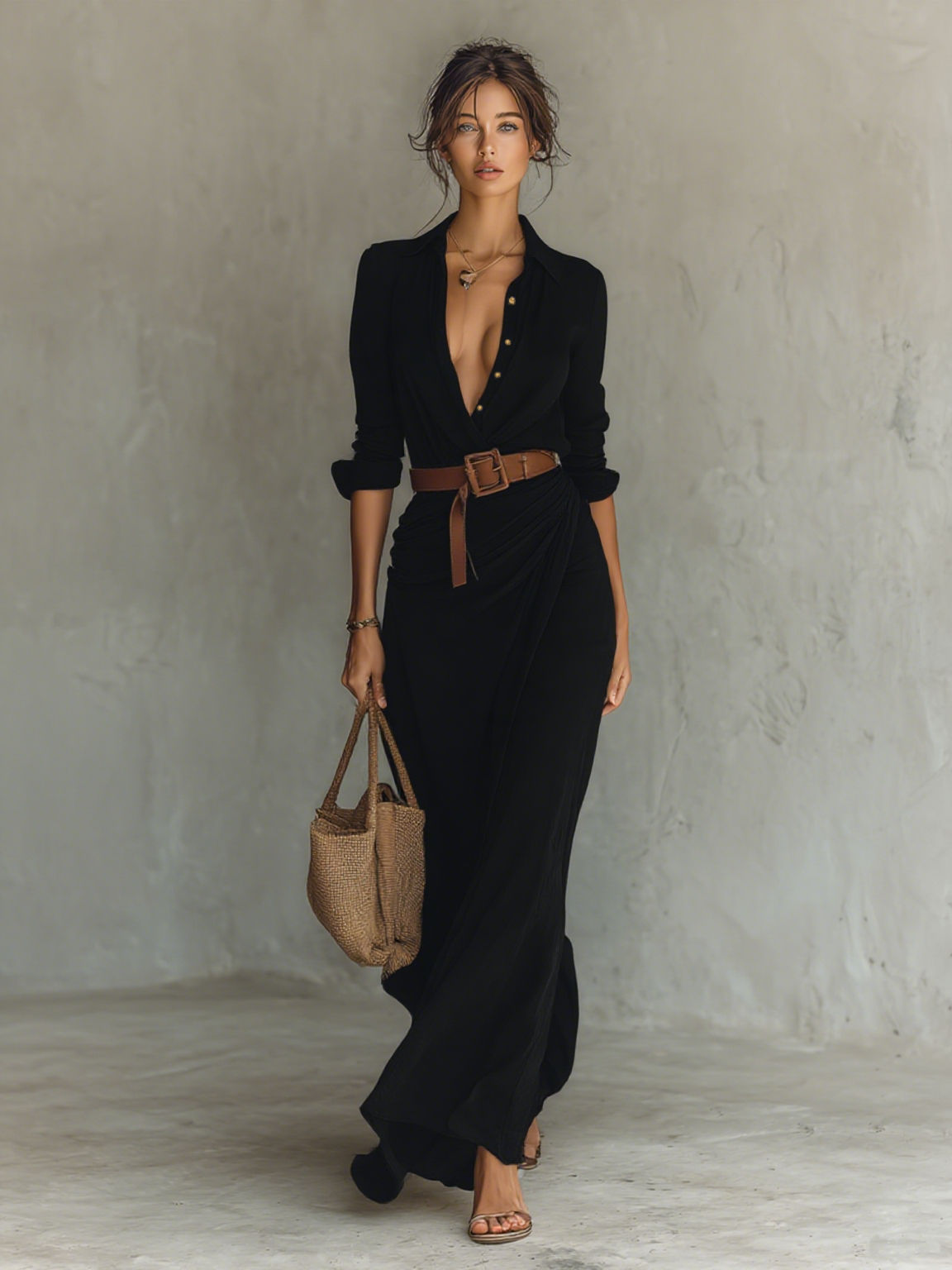 Robe maxi à col revers à manches longues