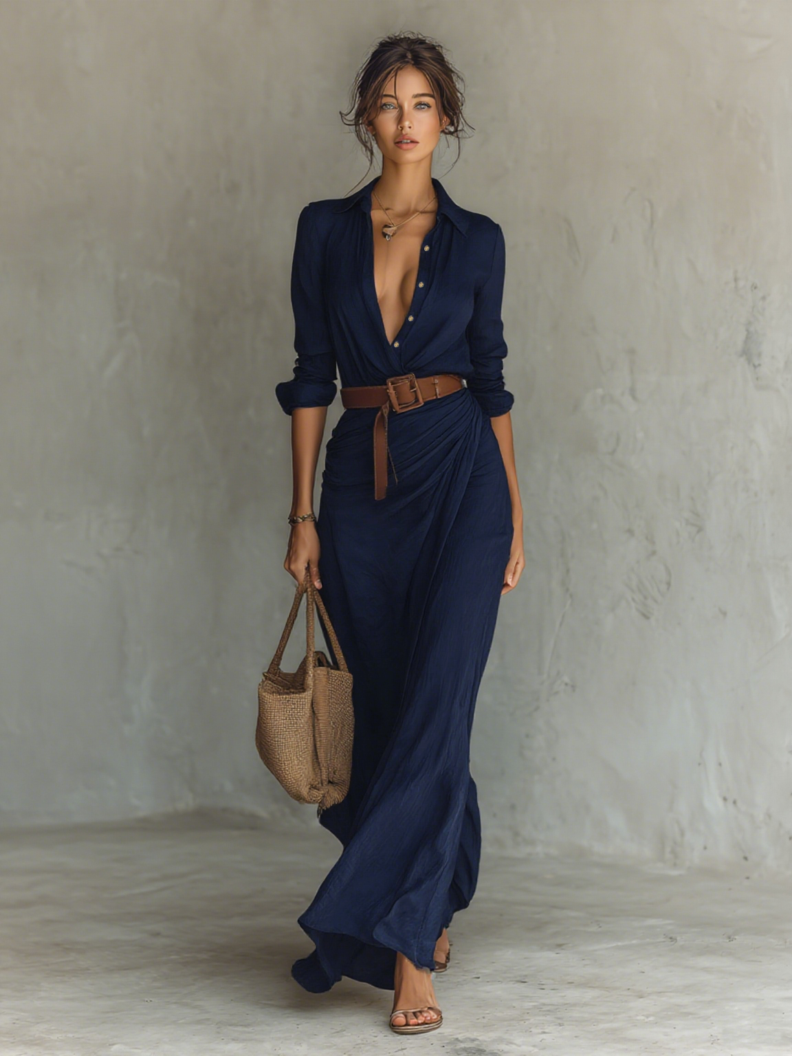 Robe maxi à col revers à manches longues