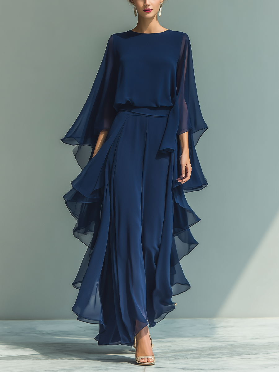 Ensemble en Chiffon Bleu Marine avec Volants