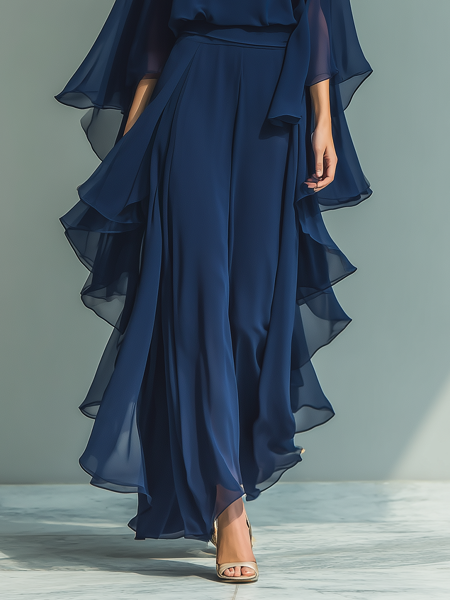 Ensemble en Chiffon Bleu Marine avec Volants