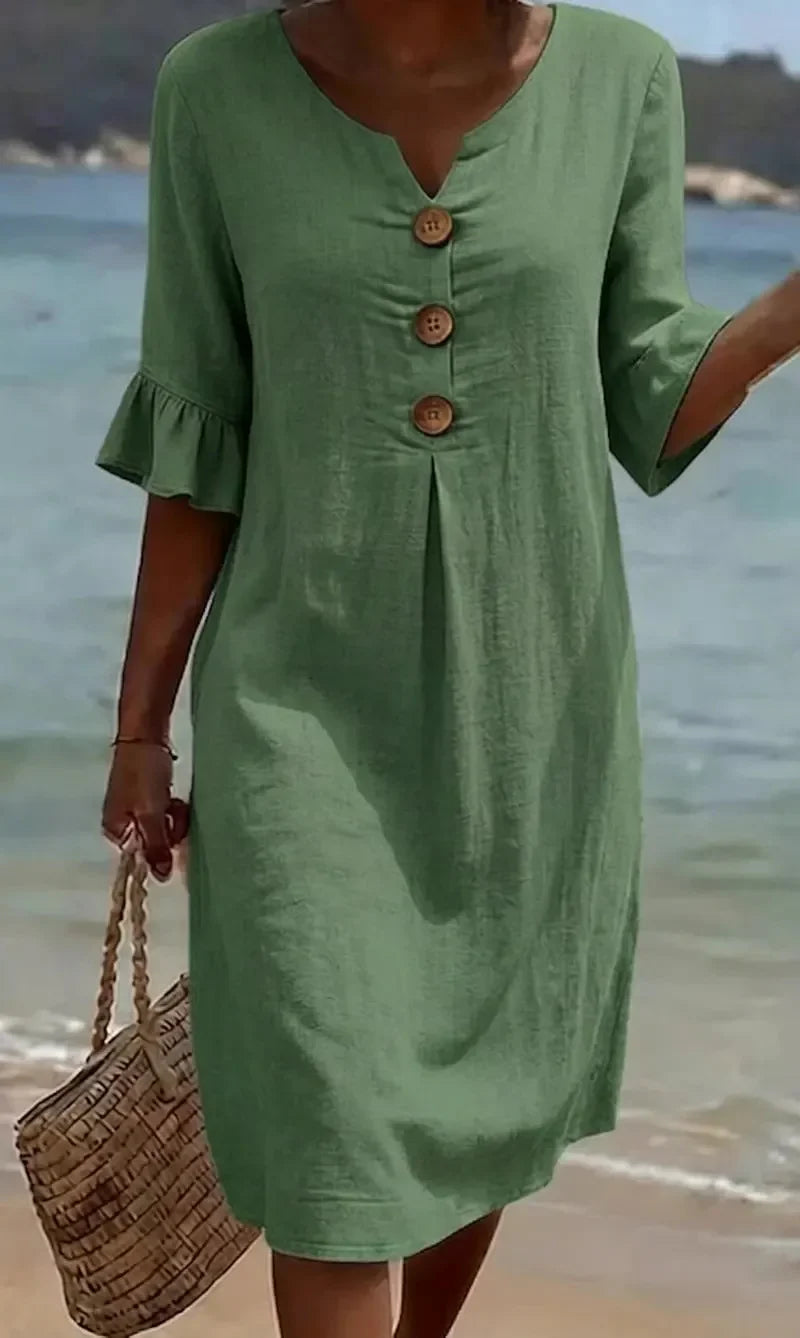 Vanesa | Robe en lin texturé avec manches bouffantes et boutons