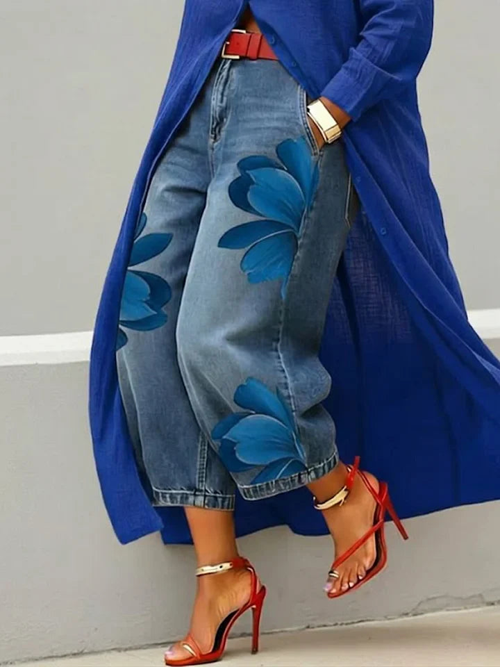 Maud - Robe chemise en lin et jean à motifs floraux
