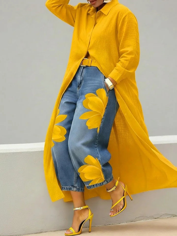 Maud - Robe chemise en lin et jean à motifs floraux