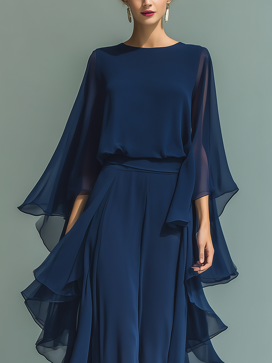 Ensemble en Chiffon Bleu Marine avec Volants