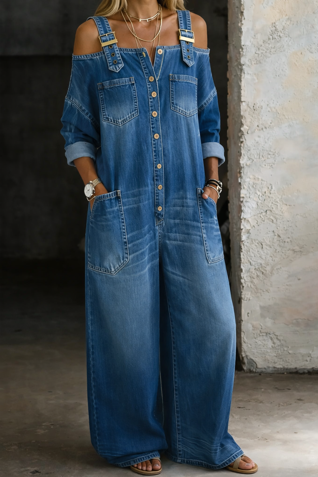 Sophia | Combinaison Denim Épaules Dénudées