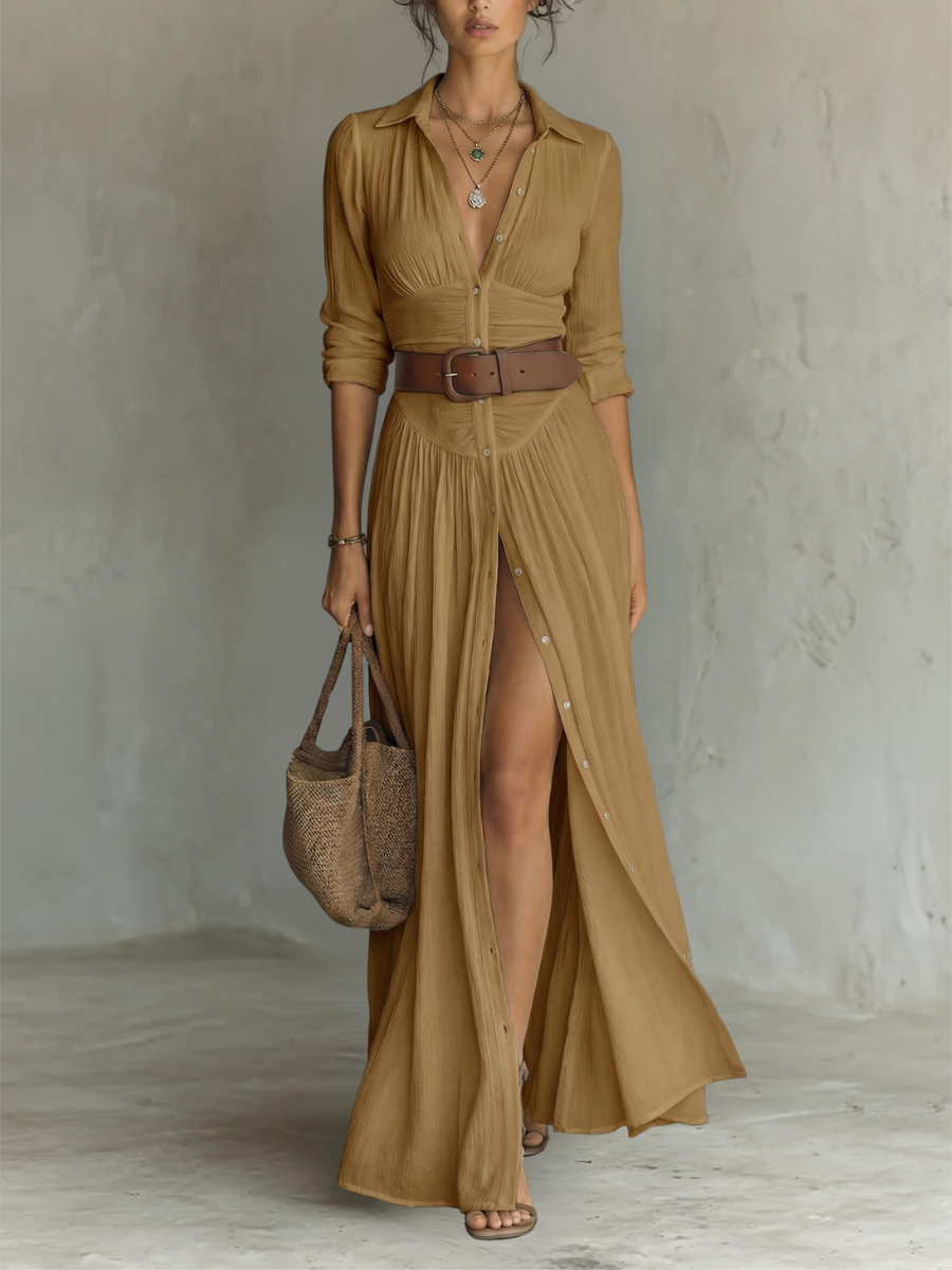 Robe Maxi en Lin Col Revers à Manches Longues