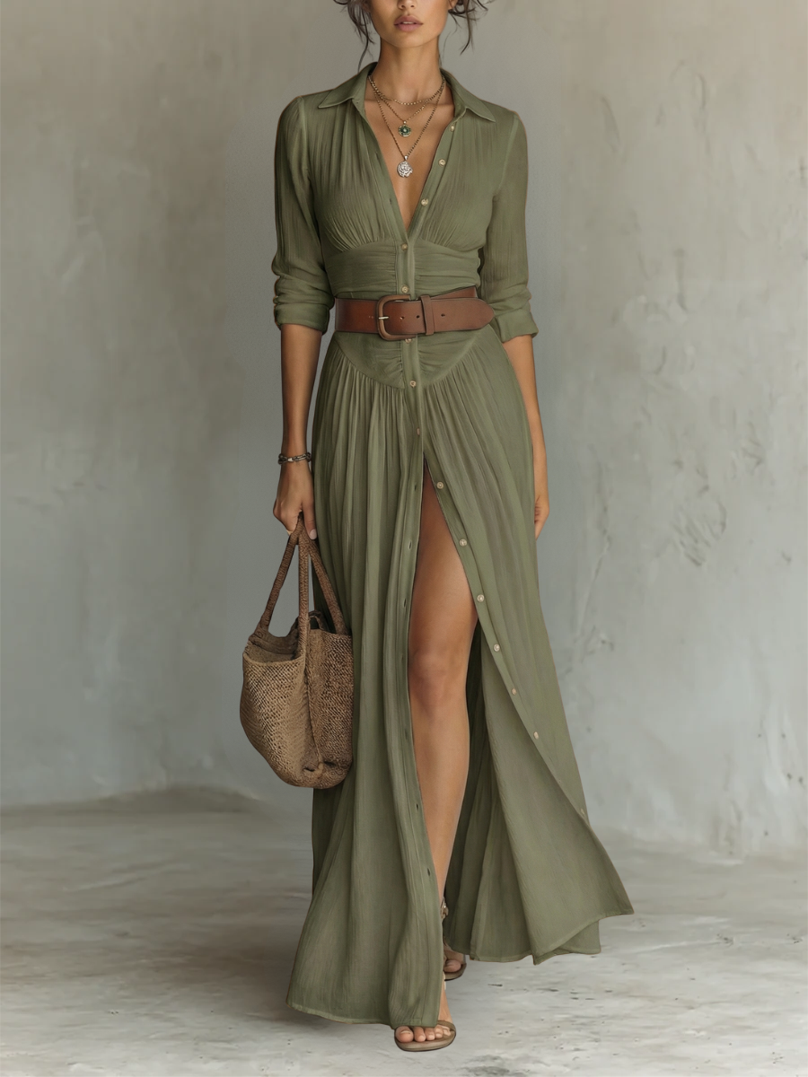 Robe Maxi en Lin Col Revers à Manches Longues