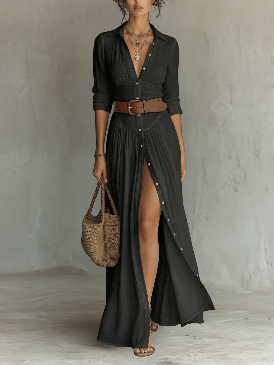 Robe Maxi en Lin Col Revers à Manches Longues