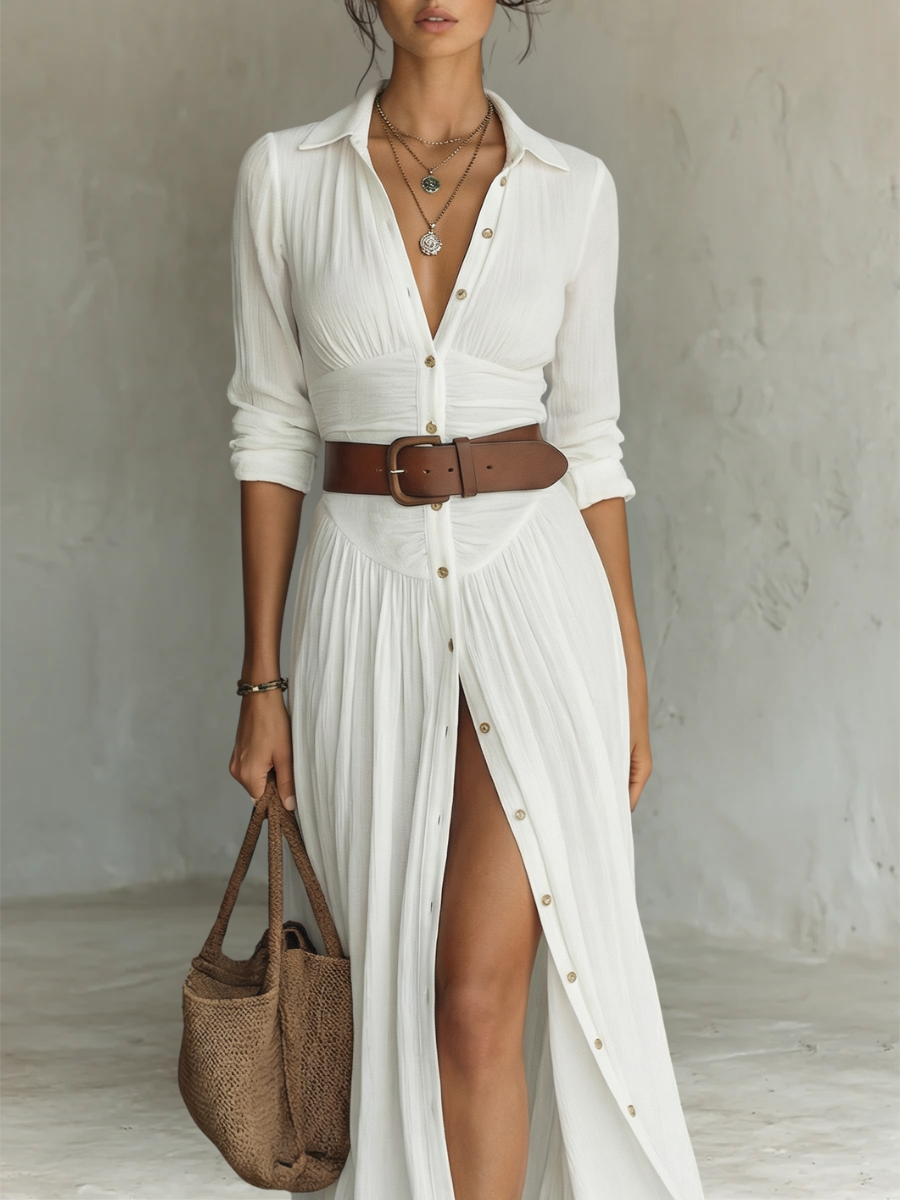 Robe Maxi en Lin Col Revers à Manches Longues