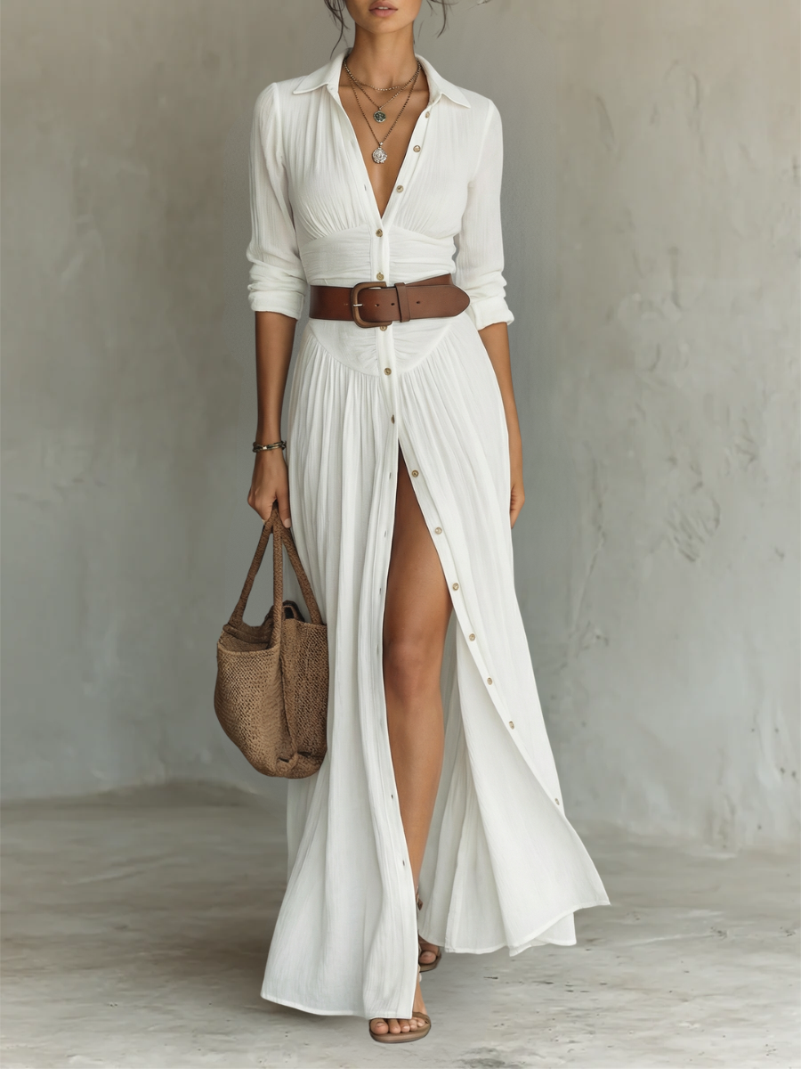 Robe maxi en lin blanc plissé