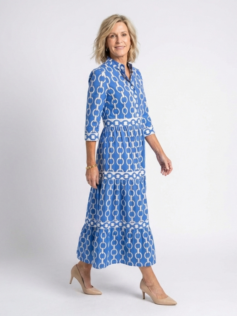 Ysolde | Robe Midi à Manches Trois Quarts avec Motif Chaîne